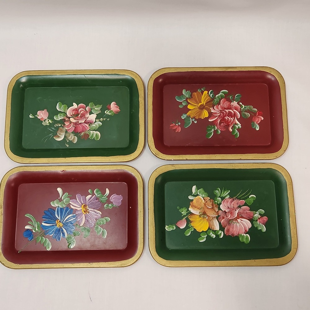 Vintage Hand Painted Floral Metal Trinket Tray Set 4 Green Red Gold Folk Art